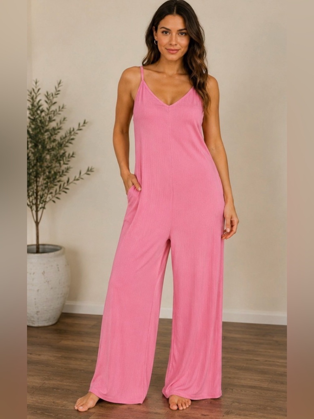 ee:some Pink Ribbed Wide Leg Jumpsuit Romper Spaghetti Strap NWT M
